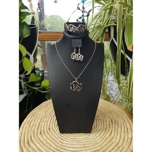 Rose Stainless Steel Pendant Necklace Bracelet Hook Earrings Lobster Set of 3